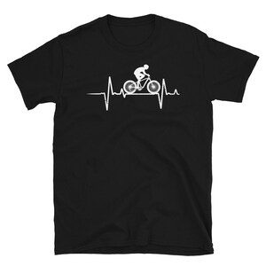 May include: Black t-shirt with a white graphic of a person riding a mountain bike with a heartbeat line.