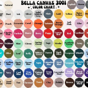 May include: A Bella Canvas 3001 colour chart displaying a variety of hues. The chart includes colours such as white, natural, ash, silver, gold, yellow, orange, pink, red, green, blue, and purple. Each colour is labelled for easy identification.