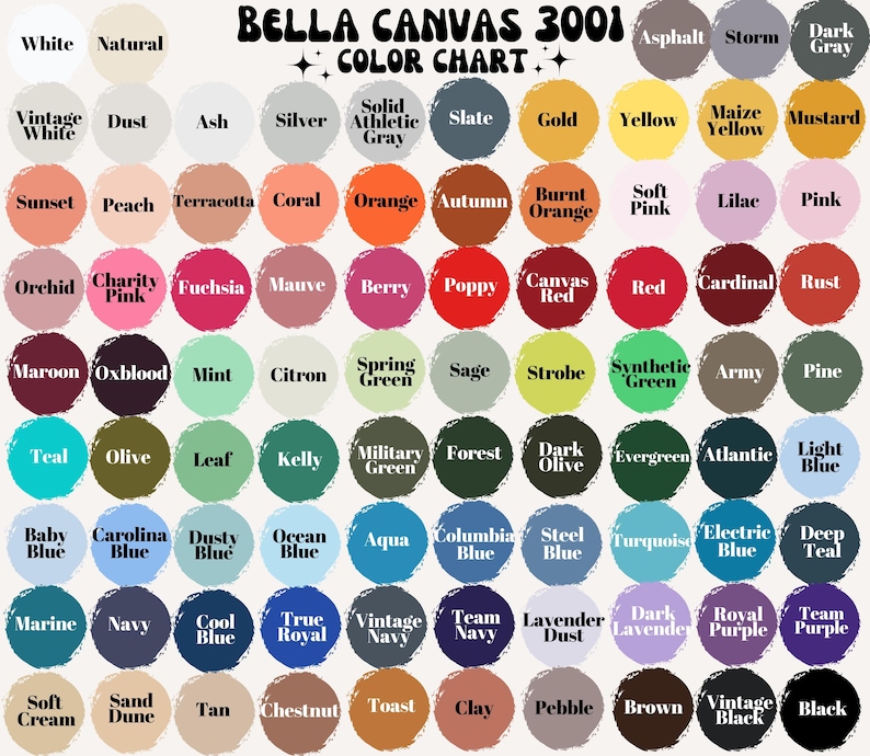 May include: A Bella Canvas 3001 colour chart displaying a variety of hues. The chart includes colours such as white, natural, ash, silver, gold, yellow, orange, pink, red, green, blue, and purple. Each colour is labelled for easy identification.