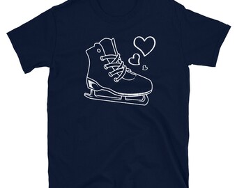May include: A navy blue t-shirt with a white outline of an ice skate and hearts.