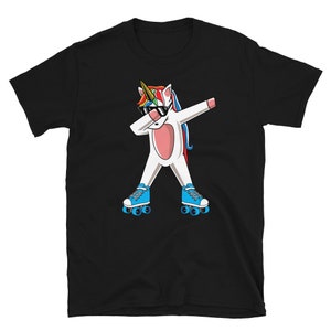 May include: A black t-shirt with a white unicorn wearing sunglasses and roller skates. The unicorn is doing the dab dance.