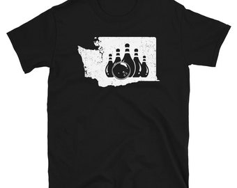 May include: Black t-shirt with a white outline of the state of Washington and bowling pins and a bowling ball inside the state.