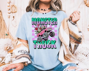 Retro Monster Truck-Mädchen-Shirt, für Mädchen wie Monster-Trucks auch, rosa karierter Monster-Truck-Frauen-T-Shirt, Themen-Geburtstags-Party-T-Stück