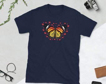 Monarch Butterfly Lovers Graphic Tees - Monarch Print Hearts T Shirts for Men - Butterfly Wings Bugs Shirt - Garden Insect Cotton Shirt