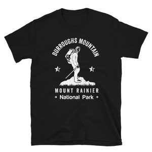 May include: Black t-shirt with a white graphic of a hiker on Burroughs Mountain in Mount Rainier National Park.