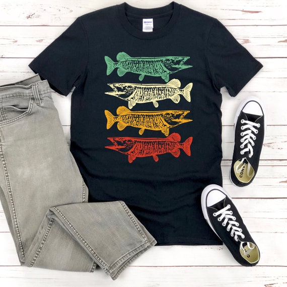Cool Retro 70s 80s Inspired Muskie Fish T Shirt Musky Fishing Gift