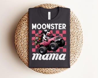 ピンクのチェック柄モンスタートラックママキャットシャツ、モンスタートラックと猫のTシャツ、モンスタートラックママシャツ、レディースTシャツ、モンスタージャムシャツ