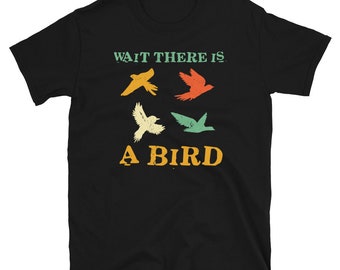 May include: Black t-shirt with a retro-style graphic of four birds and the text "Wait there is a bird".