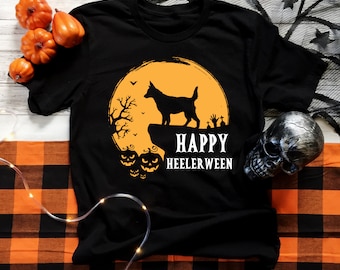 Australian Cattle Dog Graphic Tee Shirt - Short Sleeve Happy Heelerween Funny T Shirt -  Happy Halloween Shirt for Men and Women