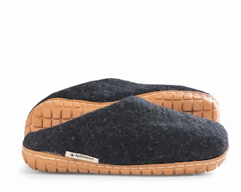 Felt slippers wool slippers clogs black with sole - Feltiness