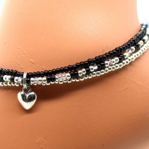 Black and Silver Anklet - Black and Silver Elastic Stretch Anklet - Black and Silver Multi Strand Anklet - 3 Strand Black and Silver Anklet