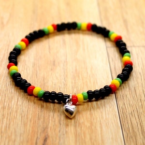Rasta Seed Bead Stretch Bracelet: Miyuki Beads, Heart Charm