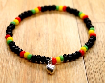 Rasta Seed Bead Stretch Bracelet: Miyuki Beads, Heart Charm