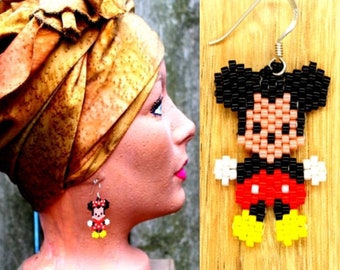 Mickey and Minnie Mouse Earrings: Seed Bead Sterling Silver Wire