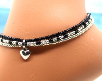 Black and Silver Anklet - Black and Silver Elastic Stretch Anklet - Black and Silver Multi Strand Anklet - 3 Strand Black and Silver Anklet