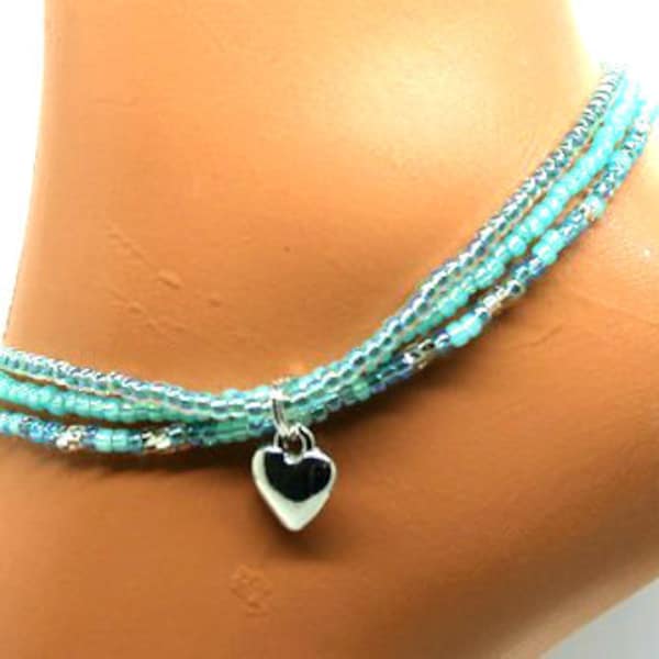 Seagreen Anklet - Seagreen Elastic Stretch Anklet - Seagreen Multi Strand Anklet - 3 Strand Seagreen Anklet