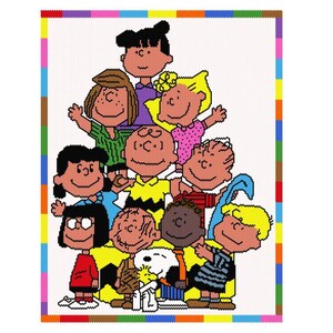 May include: A colourful illustration of the Peanuts gang, including Charlie Brown, Snoopy, Lucy, Linus, and Sally. The characters are arranged in a pyramid shape, with Charlie Brown at the top. The illustration is surrounded by a colourful border.