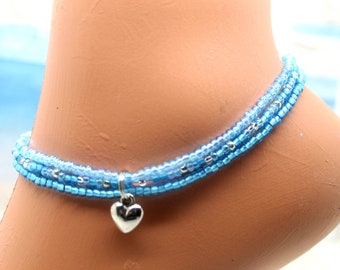 Turquoise Anklet - Turquoise Elastic Stretch Anklet - Turquoise Multi Strand Anklet - 3 Strand Turquoise Anklet