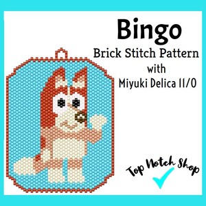Pode incluir: Um padrão de ponto de tijolo para um personagem Bingo de contas. O padrão é projetado para ser feito com contas Miyuki Delica 11/0. O padrão apresenta um personagem vermelho, branco e azul com uma expressão amigável. O padrão está disponível na Top Notch Shop.
