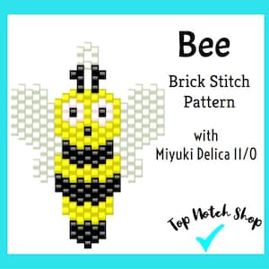 May include: A beaded bee brick stitch pattern with the text "Bee" and "Brick Stitch Pattern with Miyuki Delica 11/0". The bee is yellow and black with white wings. The image has a turquoise border.
