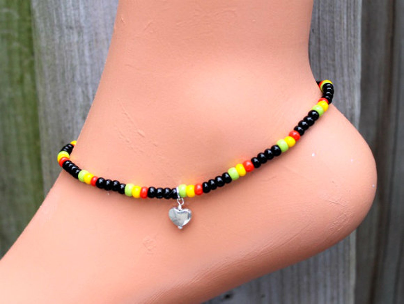 Handmade Rasta Bead Elastic Ankle Bracelet - 24cm, Multicolor Clay Beads, Adjustable