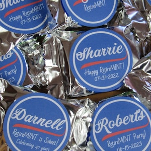 RetireMINT Favor Stickers- 30 York Peppermint Patty Inspired Stickers Personalized w Custom Text- Easy DIY Retirement Party Candy Favors