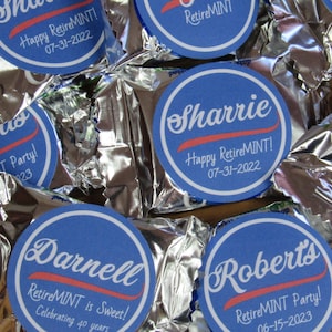 RetireMINT- easy chocolate mint candy party favors - set of 72 York Peppermint Patty inspired 1.5" custom personalized stickers- retirement