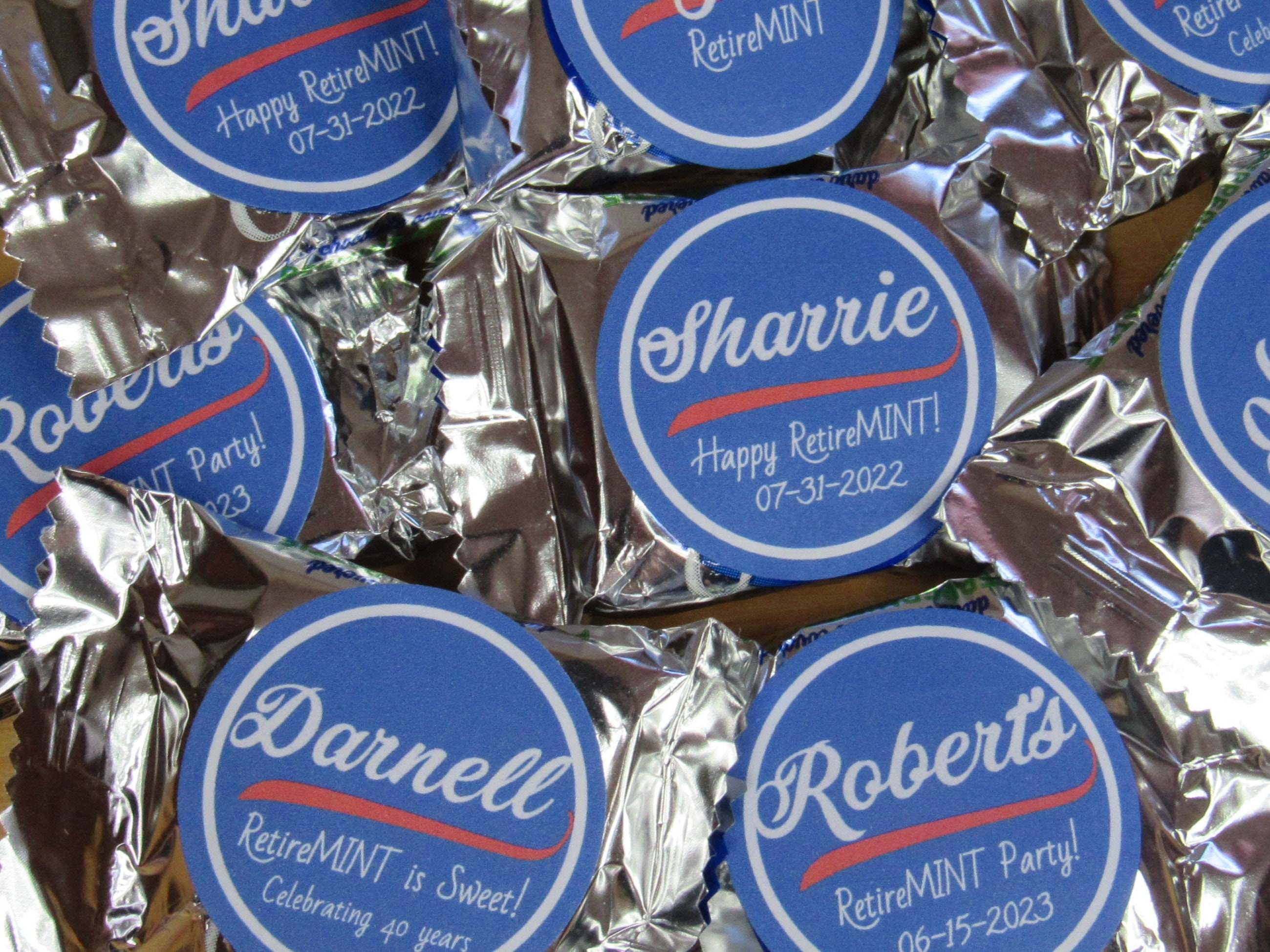 RetireMINT Favor Stickers- 30 York Peppermint Patty Inspired Stickers Personalized w Custom Text- Easy DIY Retirement Party Candy Favors