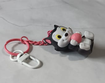 Disney Junior's Figaro the Cat Figurine Upcycled Keychain - Thrifted Pinocchio Character Toy Made into an Accessory, Bottle or Zipper Charm