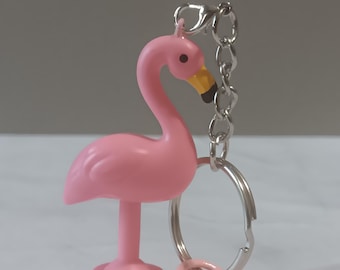 Pink Flamingo Figurine Upcycled Keychain - Thrifted Plastic Toy Figure Made into a Zipper or Bottle Charm, Backpack Accessory or Key Chain