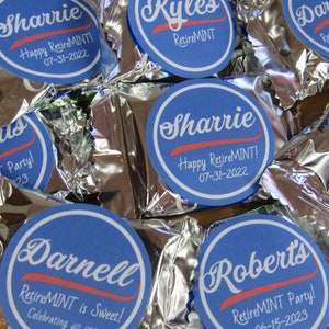 RetireMINT Favor Stickers - 30 York Peppermint Patty Inspired Stickers w Custom Text - Personalized Chocolate Mint Retirement Party Candy