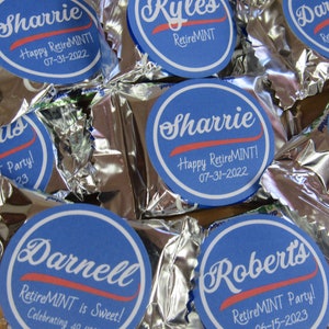 RetireMINT- easy chocolate mint candy party favors - set of 72 York Peppermint Patty inspired 1.5" custom personalized stickers- retirement