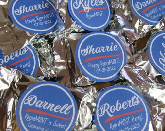 RetireMINT- easy chocolate mint candy party favors - set of 72 York Peppermint Patty inspired 1.5" custom personalized stickers- retirement