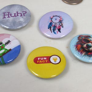 May include: Five different button pins with various designs. One pin features a green frog with the word "Ribbit" above it. Another pin has a yellow background with the words "Fun Fact" in red and a lightbulb icon. A third pin has a blue background with a colorful dog wearing sunglasses. The fourth pin has a purple background with a dreamcatcher design. The fifth pin has a gray background with the word "Huh?" in purple.