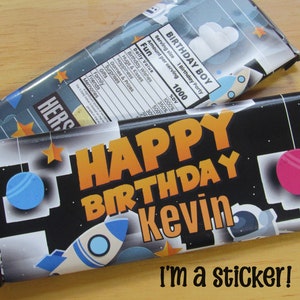 6 Personalized Chocolate Bar Favor Stickers - Out of This World Outer Space Rocket Astronaut Theme Birthday Party Candy Bar Wrapper Stickers