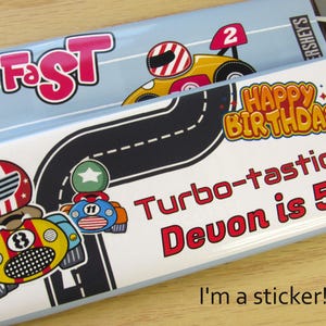 6 Personalized Chocolate Candy Bar Stickers: Race Car Racecar Speedway Racetrack DIY Birthday Party Favors Glossy Candy Bar Sticker Wrappers