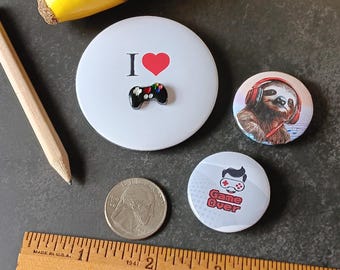 3 Pc Video Games Lover Novelty Pin Set - 3 Pinback Buttons: I Heart Gaming w Controller 3D Charm, Game Over, Baby Sloth Wearing Headphones