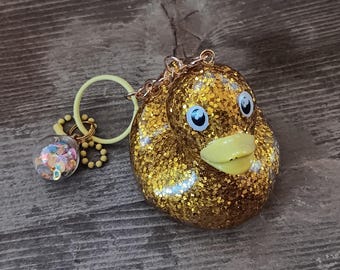 Glittery Gold Upcycled Vinyl Rubber Duck Keychain - Reclaimed Toy Gold & Pastels - Backpack Accessory, Bag, Purse, Belt Loop Key Chain Charm