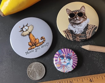 3 Piece "Cool Cat" Novelty Pin Set - 3 Pinback Buttons: Meow You Doin'?, Royal Feline Wearing 3D charm Sunglasses, Retro Kitty in Shades