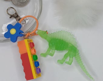 Child&#39;s Play Keychain w Real Rainbow Building Bricks & Glow in the Dark Dino Charm - Upcycled Key Fob Backpack Purse Belt Loop Accessory