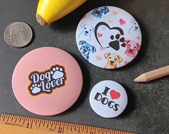 3 Piece Puppy Love Novelty Pin Set - 3 Pooch Fan Themed Pinback Buttons: Dog Lover, Heart Paw on Pup Faces, I Heart Dogs