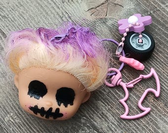 Pretty Ghoul Keychain - One of a Kind Creepy Doll Head Made Backpack Accessory - Upcycled Toy Key Chain, Purple Punk Rock Girl Zipper Charm