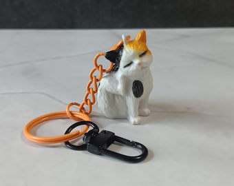 Calico Cat Figurine Upcycled Keychain - Thrifted Plastic Kitty Figure Made into a Zipper or Bottle Charm, Backpack Accessory or Key Chain