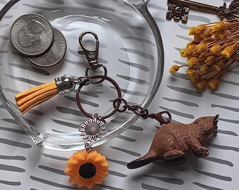 Beavers and Sunflowers Upcycled Keychain Key Fob Backpack Purse Belt Loop Accessory - Unique Reclaimed Beaver Charm Brown & Yellow Sunflower