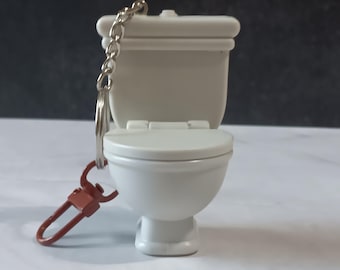 Toilet Figurine Upcycled Keychain - Thrifted Plastic Toy Crapper Figure Made into a Zipper or Bottle Charm, Backpack Accessory or Key Chain