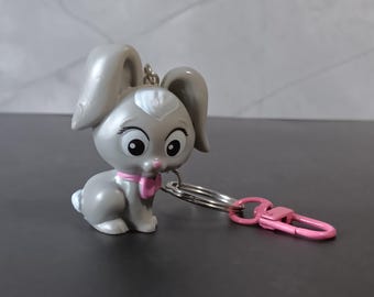 Barbie's Pet Bunny Figurine Upcycled Keychain - Toy Rabbit Figure Made into a bag or backpack accessory, zipper or bottle charm or key chain