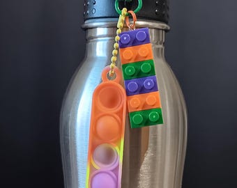 Upcycled LEGO & Fidget Pop Zipper Charm - Reclaimed Purple Orange Green Yellow Building Bricks Made Water Bottle, Backpack, Phone Accessory