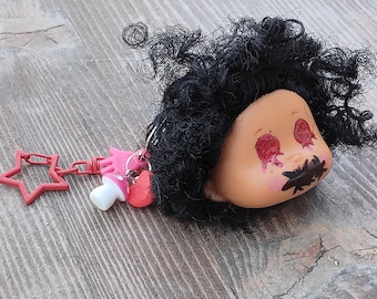 Pretty Ghoul Upcycled Keychain - One of a Kind Red Glitter Eyes Backpack Accessory - Recycled Doll Head Scary Cute Key Chain Bag Purse Charm