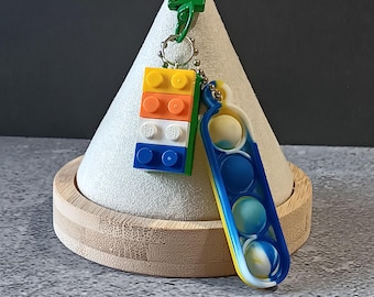 Upcycled LEGO & Fidget Pop Zippers Charm - Reclaimed Blue Yellow Green Orange Building Brick Made Water Bottle, Backpack or Phone Accessory