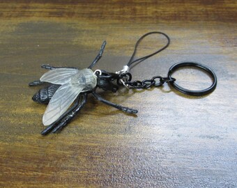Housefly Keychain/ Mobile Phone Charm -Upcycled Black House Fly Bug Insect Charm fr Backpack, Beltloop, Fob, Belt Loop, Cellphone, Key Chain